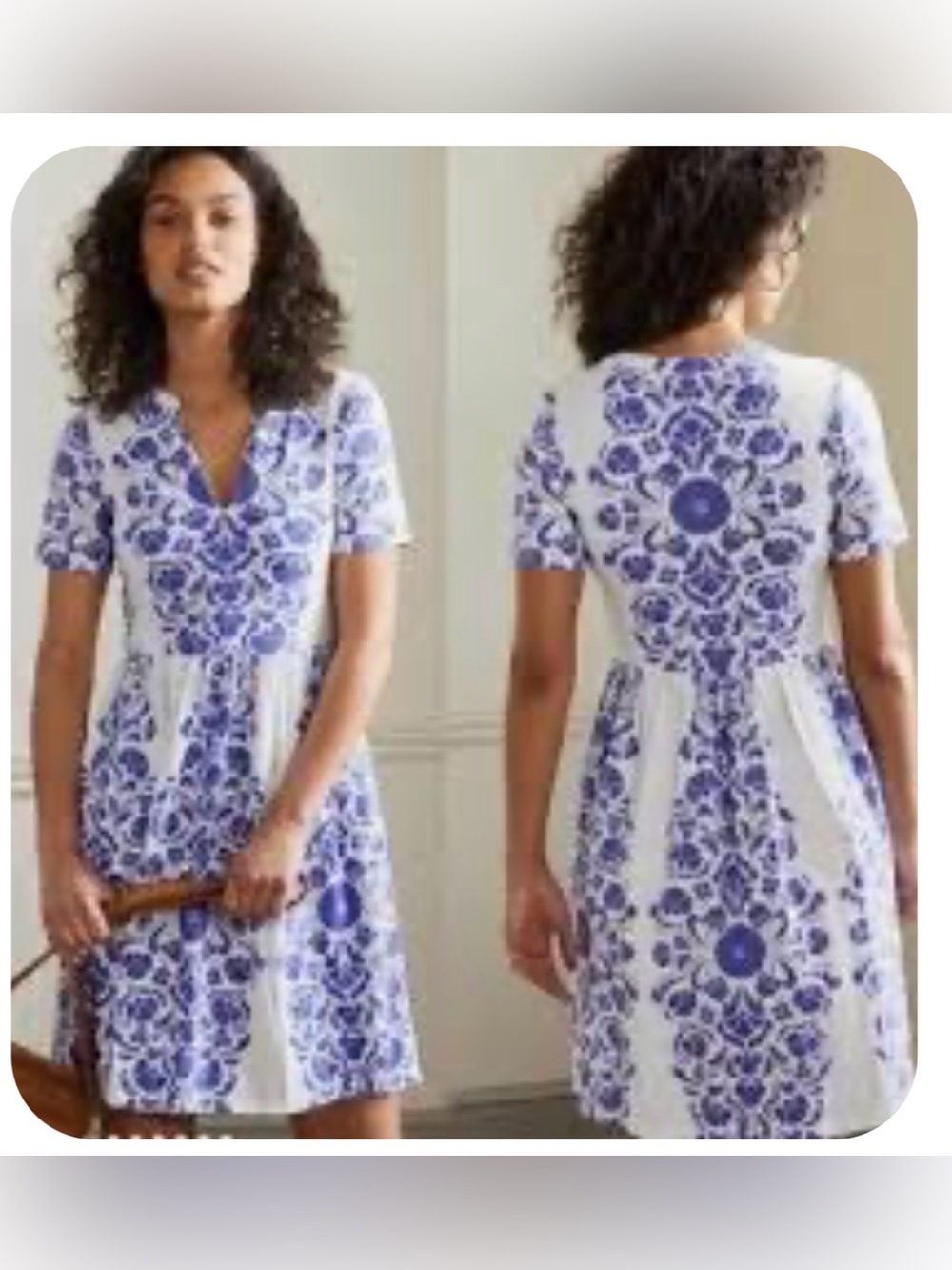 Boden White and Blue Floral V‑Neck Mini Dress with Pockets 14R 14 XL